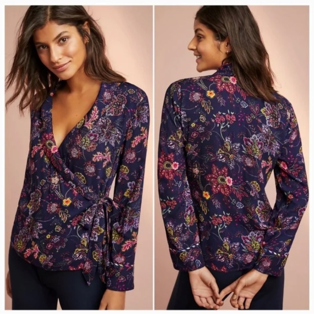 Anthropologie Floreat Parker Floral Wrap Top in Navy Blue